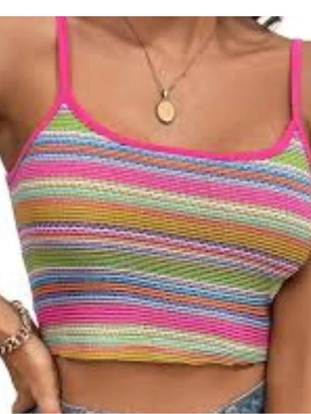 Rainbow Striped Knit Cropped Tank with Hot Pink Trim Spaghetti Straps No Tag GUC